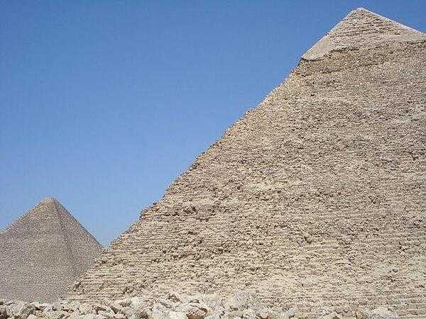 The Pyramid of Khafre retains a bit of the original outer limestone covering at its peak.