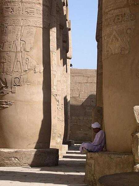 Some of the 134 columns in 16 rows that previously supported the roof of the Great Hypostyle Hall at Karnak.
