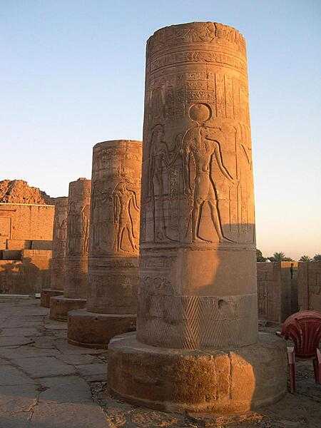 Columns from the southern part of Kom Ombo showing the crocodile god Sobek. Parts of the temple have been reconstructed.