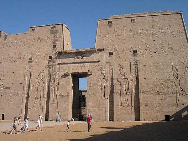 Pylon at the temple complex of Edfu. The temple, dedicated to the falcon god Horus, was built between 237 and 57 B.C.