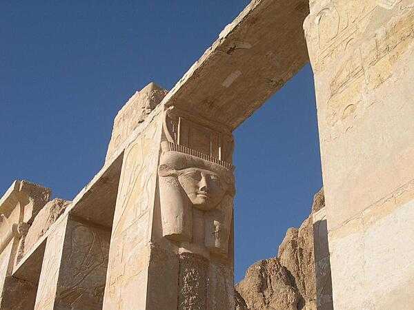 Head of the goddess Hathor on one of the colonnades at Djeser-Djeseru, Pharaoh Hatshepsut&apos;s mortuary temple.