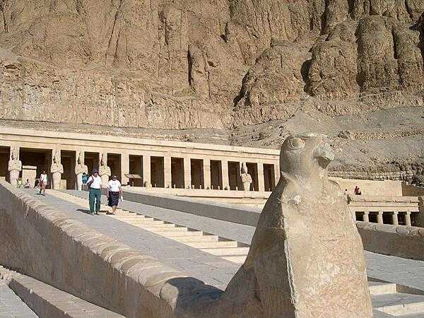 Stairway and ramp leading up to Hatshepsut&apos;s temple at Deir el-Bahri. Hatshepsut lived between 1508-1458 B.C. She was the eldest daughter of Pharaoh Thutmose I and married her half brother, Thutmose II.  When he died, she became pharaoh. Her 22-year reign is known for bringing prosperity to her subjects.