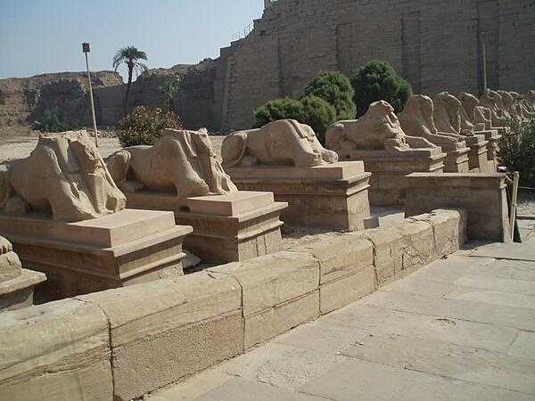 Avenue of ram-headed sphinxes leading into the Temple of Karnak complex at Luxor.