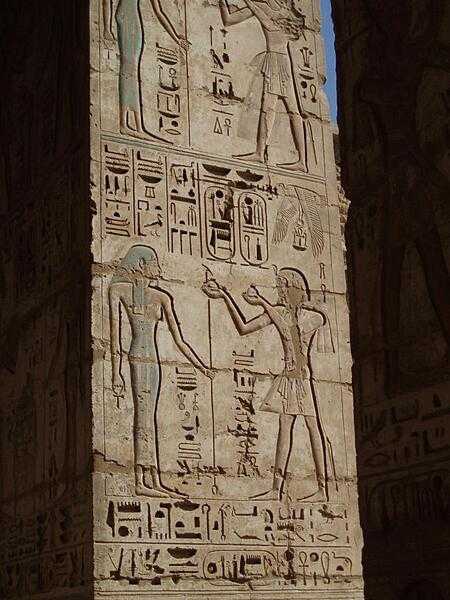 Reliefs in the inner court of the Mortuary Temple of Ramses III at Medinet Habu still display some of their original colors - after more than 3,000 years!