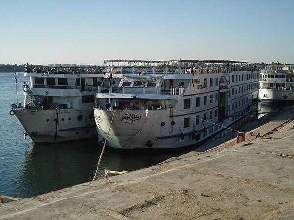 Typical cruise boats on the Nile River and on Lake Nasser. On the river, the traffic is so heavy that passengers disembark by walking through other boats. There are relatively few boats on Lake Nasser.