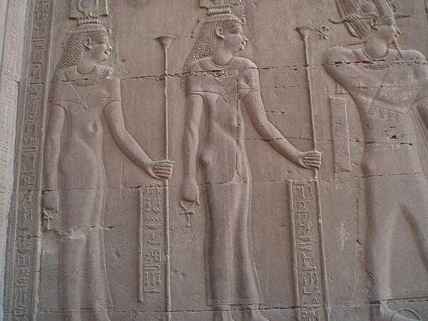 Relief at the Temple of Haroeris and Sobek at Kom Ombo showing gods. Almost all remains at the temple are from the Ptolemaic period.
