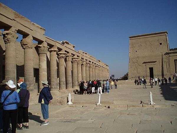 The West Colonnade in the Temple of Isis on the island of Philae in the Nile near Aswan. It was built during the Roman period.