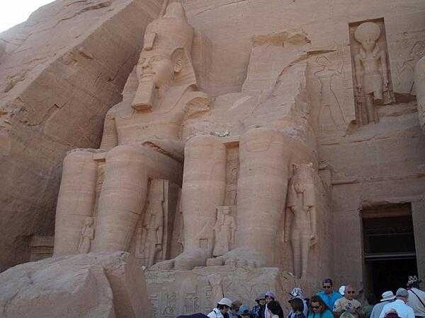 Left pylon of the Temple or Ramses II at Abu Simbel. It was decided not to place the fallen head in its original position during the reconstruction.