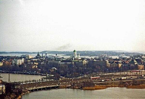 Aerial view of Helsinki. The prominent building with the dome in the center is Helsinki Cathedral.
