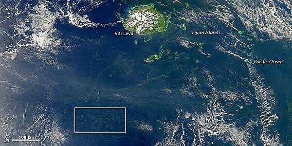 It is hard to believe, but some of the smallest organisms on our planet can be viewed from space. Diminutive bacteria and plankton (microscopic, floating plants) can merge into great chains and mats that can be detected by satellites hundreds of kilometers up. NASA&apos;s Aqua satellite captured this image of a plankton or bacterial bloom south of Fiji on 18 October 2010. Photo courtesy of NASA.