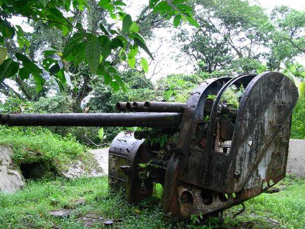 The remains of a Japanese dual mount Type 89 12.7 cm (5") anti-aircraft gun located on Sohkes Mountain Ridge overlooking the harbor on Pohnpei Island.  As the largest island in the Caroline Islands with an excellent harbor and two airfields, Pohnpei was heavily defended by the Japanese during World War II. A similar anti-aircraft gun is located nearby along with a 6" coast artillery gun. Although subjected to repeated Allied air attacks, the island was bypassed during the Allied campaign in the Central Pacific and the island remained in Japanese hands until the end of World War II. Photo courtesy of NOAA / Lieutenant Commander Matthew Wingate.