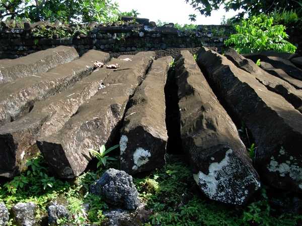 Close up of some basaltic logs of the type used to construct the various Nan Madol structures. Image courtesy of NOAA.