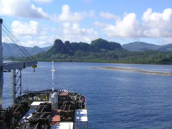 The entrance channel to Pohnpei harbor with Paipalap Peak (Sokehs Rock) in the background.