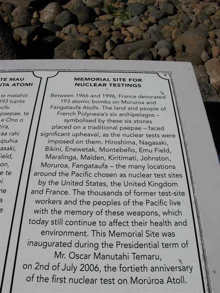 Commemorative inscription at the atomic weapons testing memorial in Papeete, Tahiti. Photo courtesy of NOAA / Lt. Cmdr. Matthew Wingate.