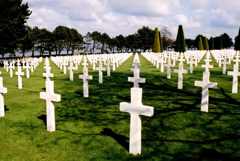 Allied soldiers killed during the World War II D-Day invasion and the following campaign were buried in the Normandy American Cemetery and Memorial in Colleville-sur-Mer, France.