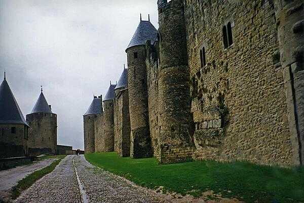 Some of the massive walls at the fortified town of Carcassone. Restored in 1853, the fortress became a UNESCO World Heritage Site in 1997.