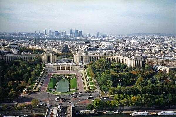 View of the Palais de Chaillot as seen from the Eiffel Tower in Paris. The two curved buildings making up the Palais house a number of museums including the Naval Museum, the Museum of Man (ethnology), and the Architecture and Heritage City.