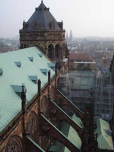 View of the Strasbourg Cathedral roof from its spire. Some of the flying buttresses supporting the cathedral walls can be clearly seen.