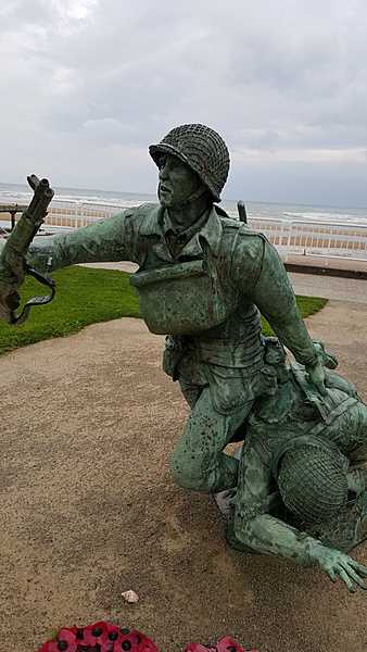 Frontal view of the Wounded Soldier Memorial on Omaha Beach in Normandy.