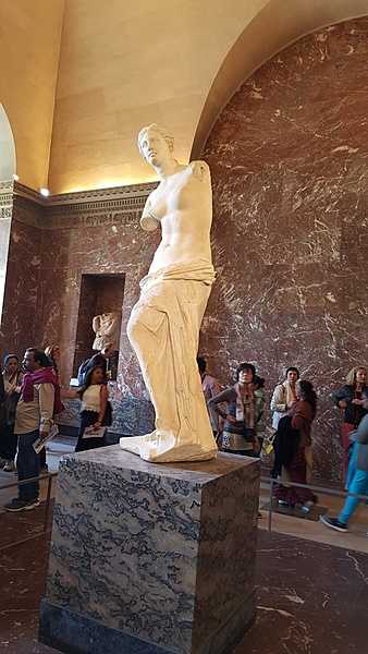 The Venus de Milo is one of the three most famous female figures at the Louvre (along with the Mona Lisa and the Winged Victory of Samothrace). The statue was named for the Greek island of Milos where she was discovered in 1820 and acquired by the French ambassador to Greece who presented her to King Louis XVlll. The king donated the statue to the Louvre in 1821.