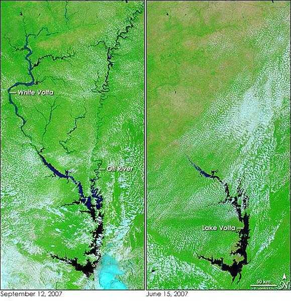 Two satellite images encompassing most of Ghana reveal extensive flooding. The view on the left taken on 12 September 2007 shows river systems throughout the length and breadth of the small country swollen compared to conditions in June (right) before the rainy season started. The most flooded rivers are the White Volta and its tributaries. The Oti River, which flows into Lake Volta from the northeast, is also running high. In both images clouds blanket parts of the scene. The clouds are pale blue and white in these false-color images that combine both visible and infrared light. Water is black and dark blue, and plant-covered land is green. Bare earth or lightly vegetated land is tan. Photos courtesy of NASA.