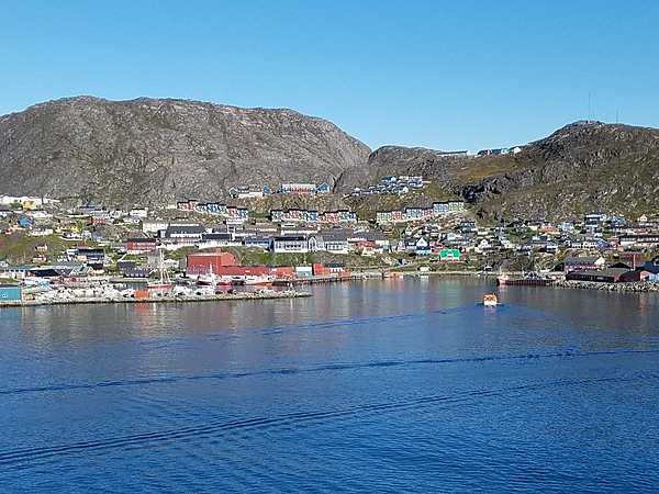 View of Qaqortoq from the sea. Founded in 1775, the town - the largest in south Greenland - has 3,200 inhabitants and is a cultural and commercial center of the region.