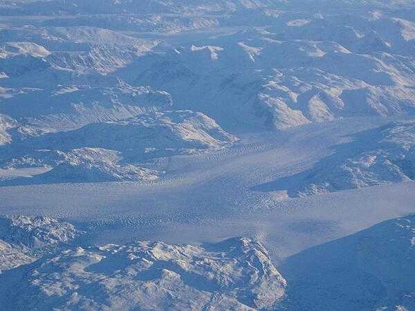 Glaciers in the fjords of Greenland, as seen from the air.