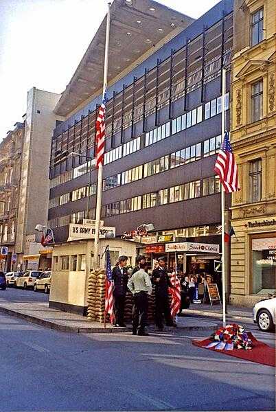 The US Army Checkpoint (Checkpoint Charlie); the former crossing point between East and West Berlin.