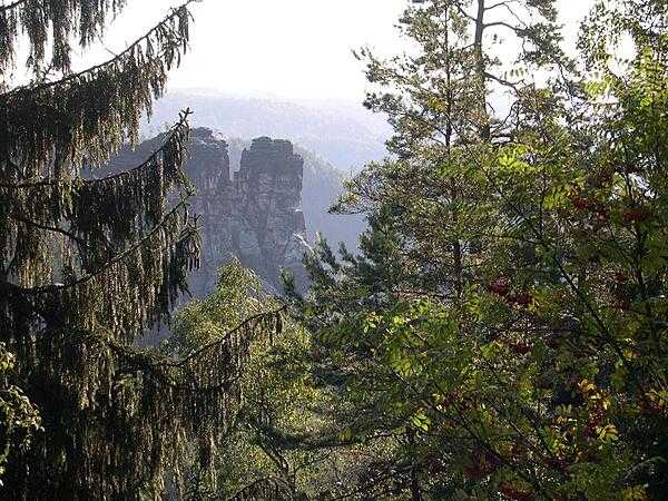 A scene in Saxon Switzerland National Park near Dresden where old castles abound and visitors go to rock climb.