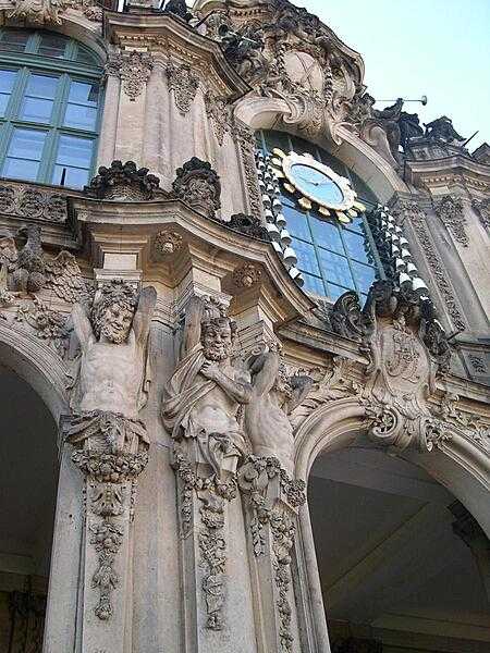 Some sculpted highlights on the wall pavilion at the north end of the Zwinger Palace in Dresden.