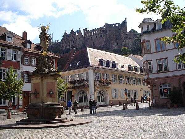 Heidelberg Castle as viewed from a town square.