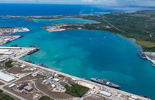 An aerial view of US Naval Base Guam, part of Apra harbor. The US territory of Guam is a strategic asset for the US presence in the Western Pacific, hosting both the naval base and Andersen Air Force Base. Photo courtesy of the US Navy.
