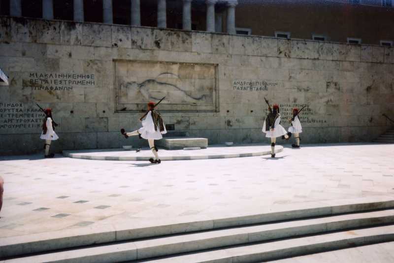 The elaborate Changing of the Presidential Guard ceremony at the Monument to the Unknown Soldier in Syntagma (Constitution) Square in Athens.