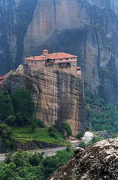 Rousanou Monastery in the Meteora region was one of 20 monasteries built on natural sandstone pillars in the 14th century by monks taking refuge from the advancing Turks. The only ingress was by ladder or rope and net.
