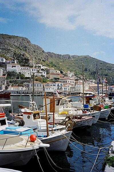 Boats docked at the island of Poros.
