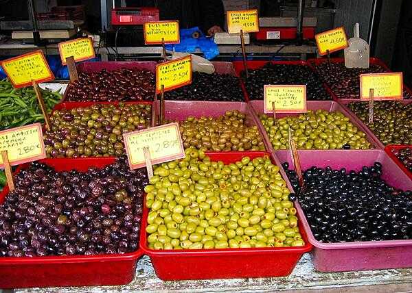 Olives from across Greece on display at an Athens market.