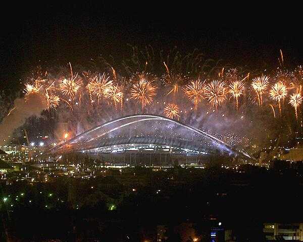 The Olympic Stadium in Athens during the 2004 Olympic celebrations.