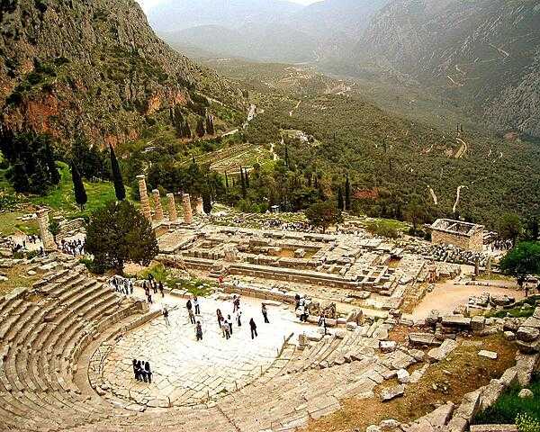 A view of the theater at Delphi and the remains of the Temple of Apollo. Delphi was the site of the most famous oracle in the classical Greek world.