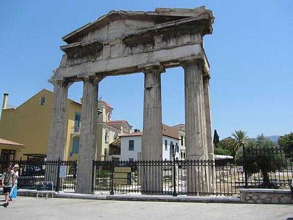 Entrance arch into the Roman Agora and Tower of the Winds in Athens. This area was used as the principal marketplace and agora by the Romans beginning in the 1st century A.D. It was a commercial and administrative center of the city until the 19th century.