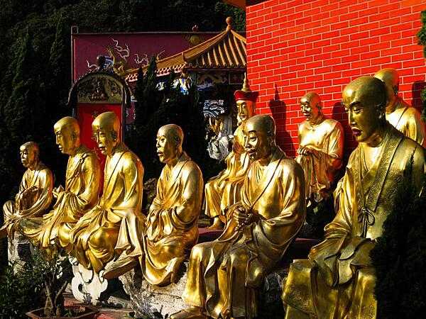 These golden Buddhas are just a few of the many found at the Temple of 10,000 Buddhas in Hong Kong. Life-size statues line the steep flight of over 400 steps leading to the Temple. The actual number of Buddhas is more than 13,000.