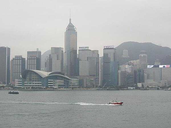 View of Victoria Harbor and the Hong Kong skyline from Kowloon Island.