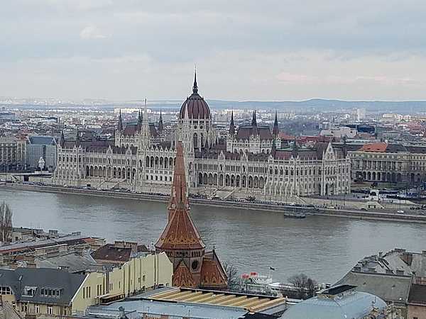 Closer view of the Parliament Building on the Pest side of the Danube River. Construction began in 1885 but was not completed until 1904.