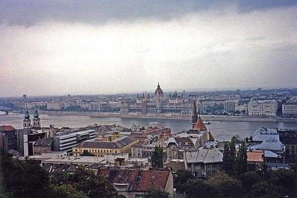 View of the Gothic Revival Hungarian Parliament Building on the Pest side of the Danube.
