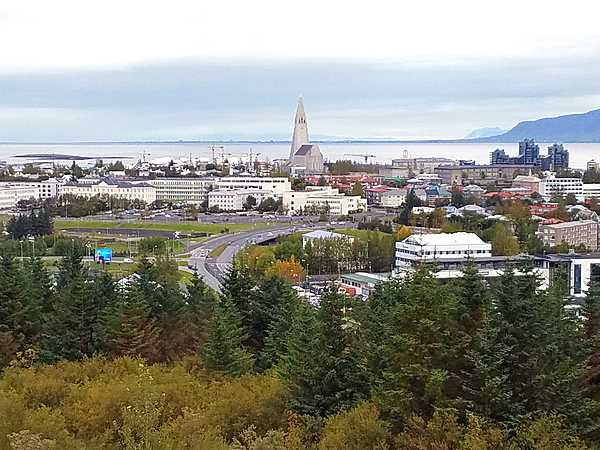 View of the skyline of Reykjavik; the distinctive Hallsgrimskirkja church stands out prominently in the upper center.