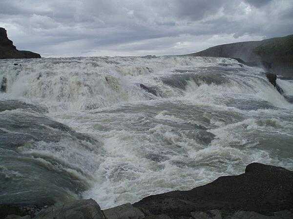 A closeup of the churning Gullfoss Waterfall.