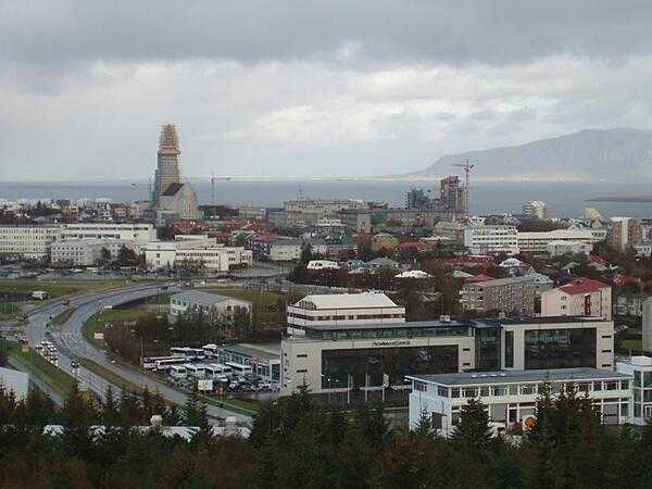 View of Reykjavik from Perlan Hill. This photo dates from 2008-09 when the Hallsgrimskirkja church (left center) was undergoing restoration.
