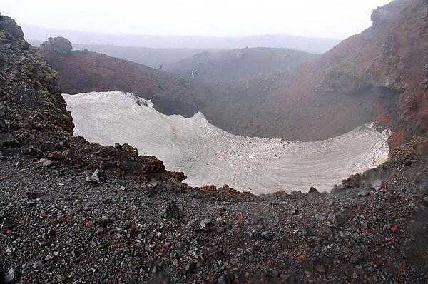 Snow-filled crater from the 2000 eruption of Hekla volcano.