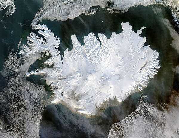In wintertime (January), Iceland definitely lives up to its name. Image courtesy of NASA.