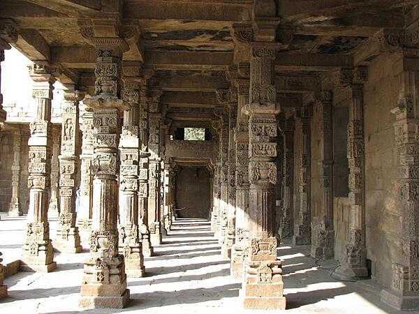 Pillars in the Quwwat ul-Islam Mosque reused from a Jain temple, Qutab complex, Delhi.