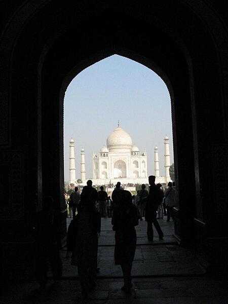 The Taj Mahal framed by the gateway entrance.